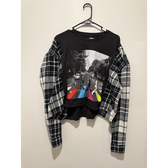 Reworked Upcycle Grunge Oversize Crop The Beatles Flannel Sweater L/XL - Picture 1 of 4